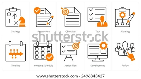 A set of 10 Action Plan icons as strategy, assessment, objective