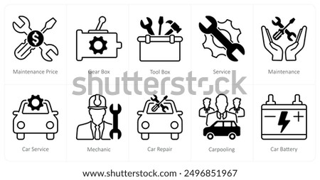 A set of 10 Car icons as maintenance price, gear box, tool box