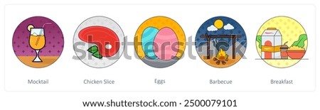 A set of 5 Mix icons as mocktail, chicken slice, eggs