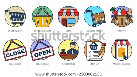 A set of 10 shopping icons as shopping cart, shopping basket, store