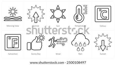 A set of 10 mix icons as morning view, sunrise, sun