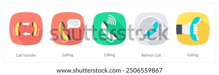 A set of 5 Communication icons as call transfer, calling, refresh call