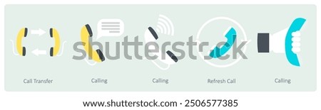 A set of 5 Communication icons as call transfer, calling, refresh call