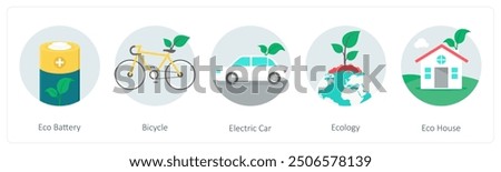 A set of 5 ecology icons as eco battery, bicycle, electric car