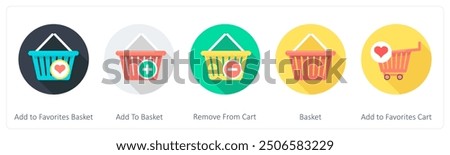 A set of 5 shopping icons as add to favorite basket, add to basket, remove from basket