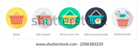 A set of 5 shopping icons as basket, add to basket, remove from basket