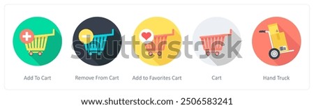 A set of 5 shopping icons as add to cart, remove from cart, add to favorite cart