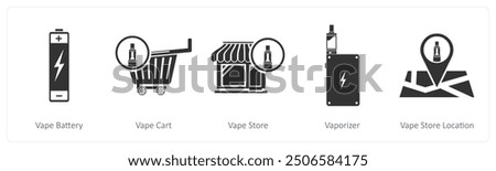 A set of 5 vaping icons as vapor battery, vape cart, vape store