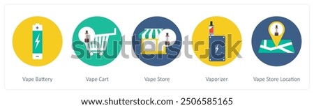 A set of 5 vaping icons as vapor battery, vape cart, vape store