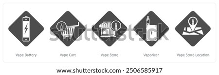 A set of 5 vaping icons as vapor battery, vape cart, vape store