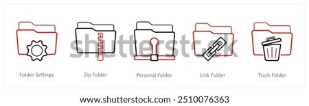 A set of 5 folder icons such as folder settings, zip folder