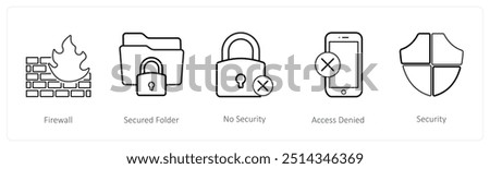 A set of 5 security icons such as firewall, secured folder