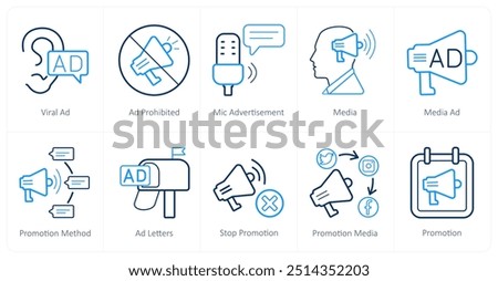 A set of 10 ads and marketing icons as viral ad, ad prohibited, mic advertisement