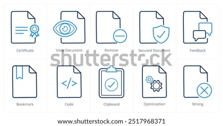 A set of 10 File icons as certificate, view document, remove