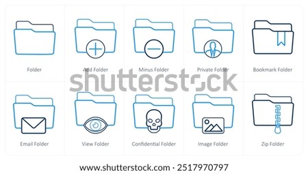 A set of 10 Folder icons as folder, add folder, minus folder