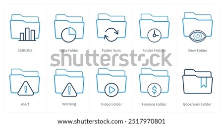 A set of 10 Folder icons as statistics, data folder, folder sync