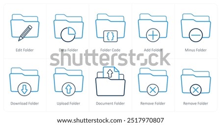 A set of 10 Folder icons as edit folder, data folder, folder code