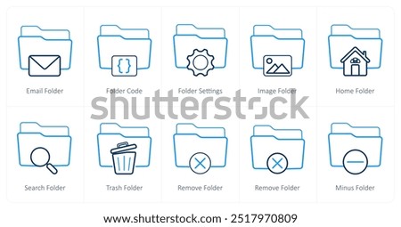 A set of 10 Folder icons as email folder, folder code, folder settings