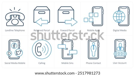 A set of 10 mix icons as landline telephone, returned parcel, forward parcel