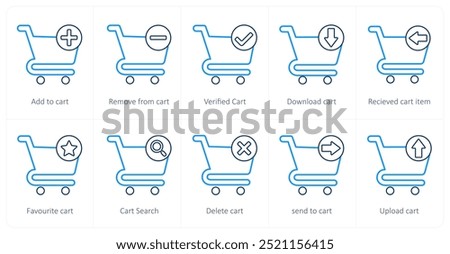 A set of 10 cart icons as add to cart, remove from cart, verified cart