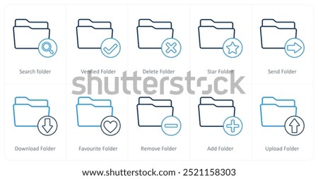 A set of 10 folder icons as search folder, verified folder, delete folder