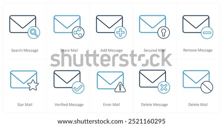 A set of 10 mail icons as search message, share mail, add message