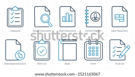 A set of 10 ui icons as clipboard, search document, chart document