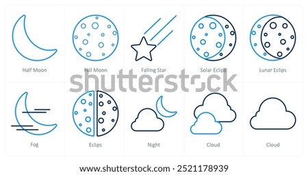 A set of 10 Weather icons as half moon, full moon, falling star