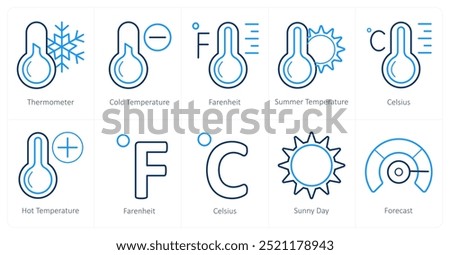 A set of 10 Weather icons as thermometer, cold temperature, fahrenheit