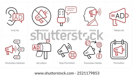 A set of 10 ads and marketing icons as viral ad, ad prohibited, mic advertisement