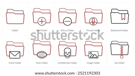 A set of 10 Folder icons as folder, add folder, minus folder