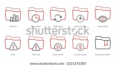 A set of 10 Folder icons as statistics, data folder, folder sync