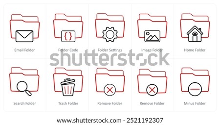 A set of 10 Folder icons as email folder, folder code, folder settings