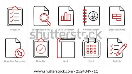 A set of 10 ui icons as clipboard, search document, chart document