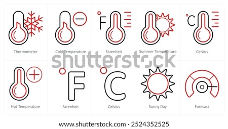 A set of 10 Weather icons as thermometer, cold temperature, fahrenheit