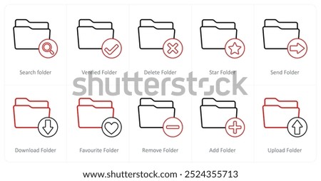 A set of 10 folder icons as search folder, verified folder, delete folder