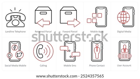 A set of 10 mix icons as landline telephone, returned parcel, forward parcel