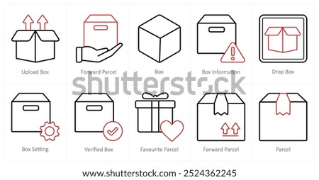 A set of 10 mix icons as upload box, foward parcel, box