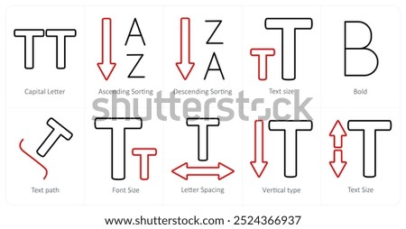 A set of 10 editing tools icons as capital letter, ascending sorting, descending sorting