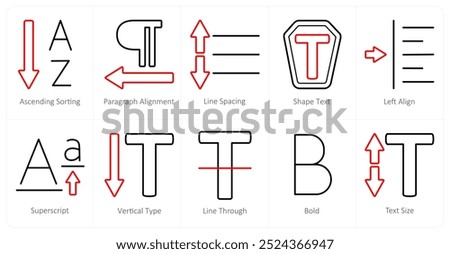 A set of 10 editing tools icons as ascending sorting, paragraph alignment, line spacing