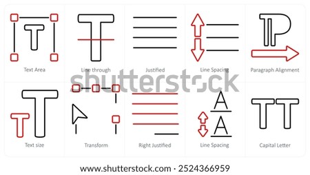 A set of 10 editing tools icons as text area, line through, justified