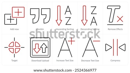 A set of 10 editing tools icons as add new, quotes, ascending sorting