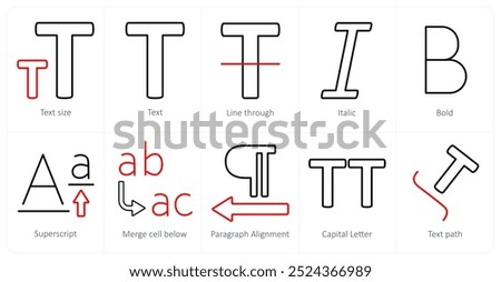 A set of 10 editing tools icons as text size, text, line through, italic