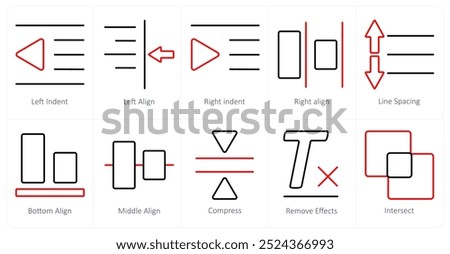 A set of 10 editing tools icons as left indent, left align, right indent