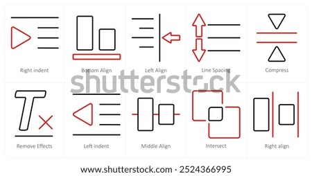 A set of 10 editing tools icons as right indent, bottom align, left align