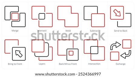 A set of 10 editing tools icons as merge, intersect, weld