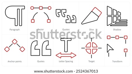 A set of 10 editing tools icons as paragraph, bezier, quotes