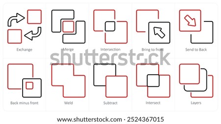 A set of 10 editing tools icons as exchange, merge, intersection