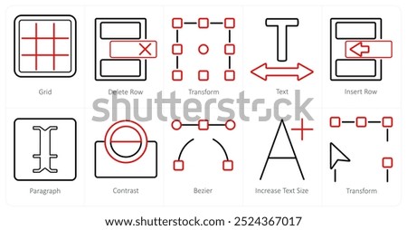 A set of 10 editing tools icons as grid, delete row, transform