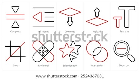 A set of 10 editing tools icons as compress, left indent, download